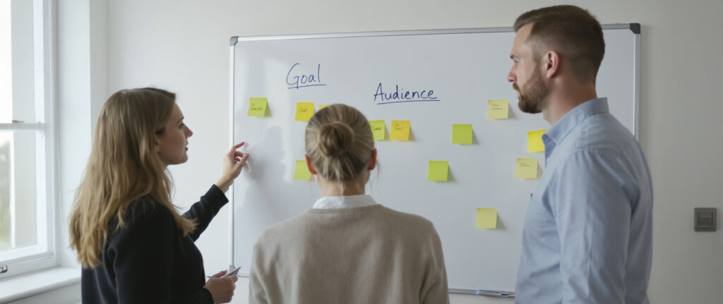 Töötuba: sihtrühma personad ja eesmärgid valgel tahvlil, hele kontor