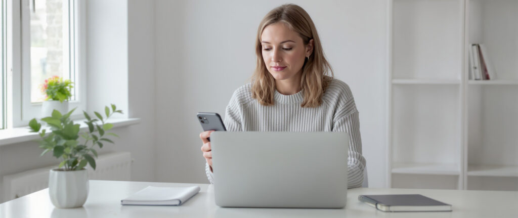 Väikeettevõtja vaatab kodulehte sülearvutis ja telefonis, hele kontor
