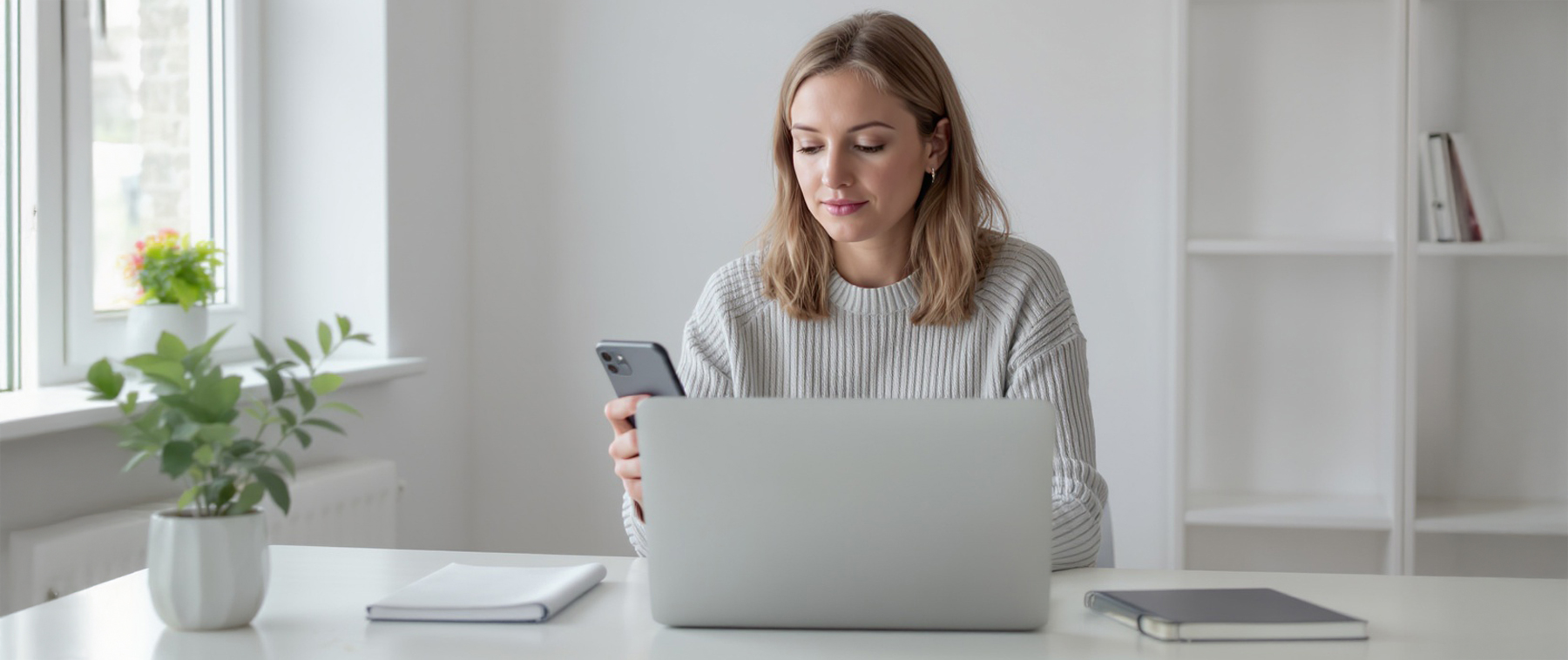 Noor naine töötab sülearvuti ja telefoniga heledas kontoris.