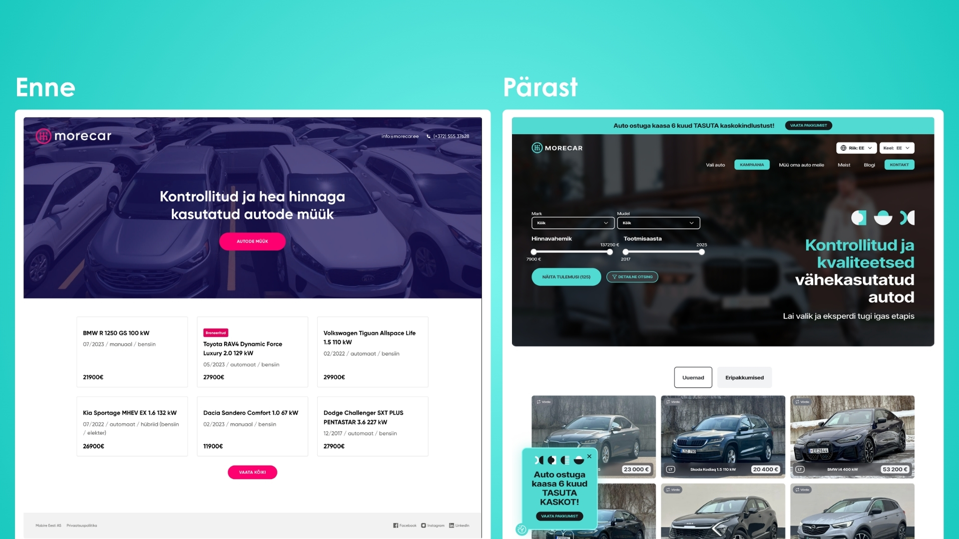 Morecar 2 Morecar enne ja pärast avalehe vaated